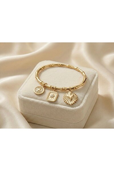 Majesteel - Stainless Steel Gold Paslanmaz, Kararmaz Kalp ve Yıldız Charm Kel...