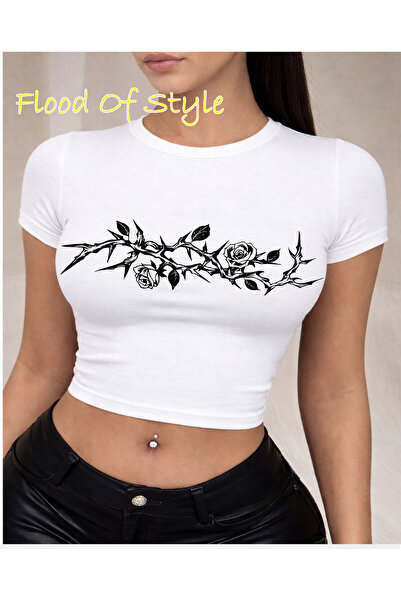 Flood Of Style Λευκό μπλουζάκι Babby με κλαδί τριαντάφυλλου Ειδικό σχέδιο