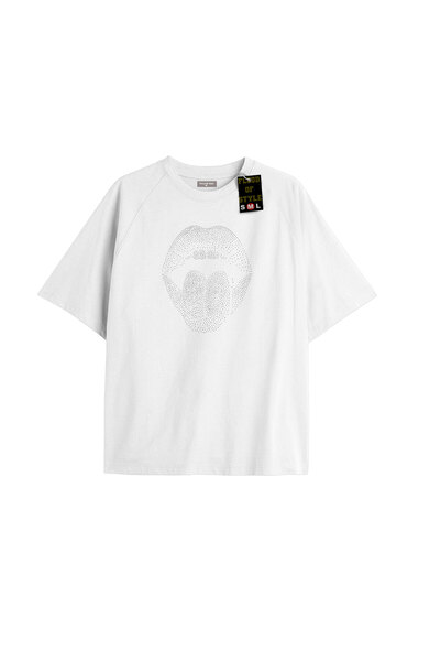Flood Of Style Λευκό μπλουζάκι oversized με σχέδιο πέτρας Με σχέδιο στομάτων ...