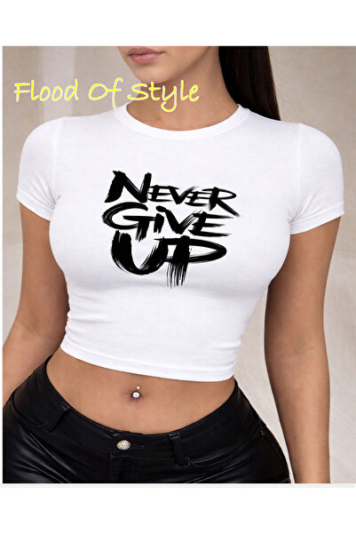 Flood Of Style Λευκό μπλουζάκι Babby Tee με ειδικό σχέδιο "Don't Give Up"