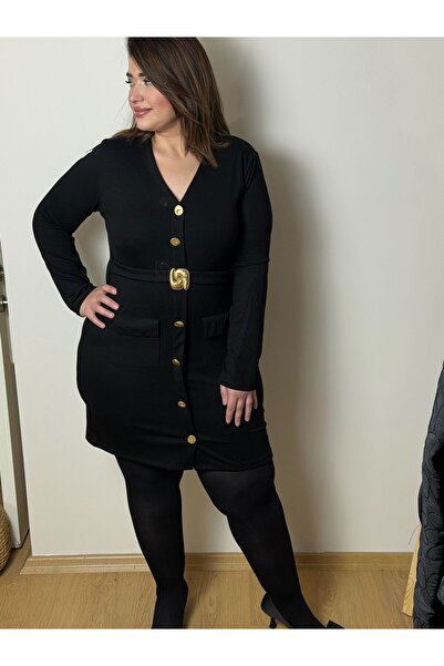 Store Büyük Beden Gold Düğme Detaylı Likralı Elbise