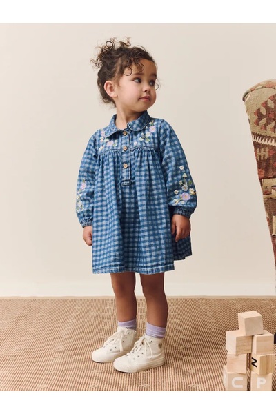 Next Baby Kot Desenli, İşlemeli Uzun Kollu Yakalı Elbise