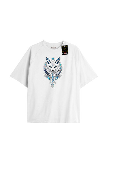Flood Of Style Λευκό μπλουζάκι oversized με σχέδιο λύκου Προσαρμοσμένο σχέδιο