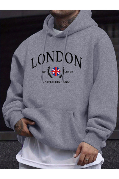 Tarzsokak London United Kingdom Flag Print O Neck Hooded Top Men's Oversized ...