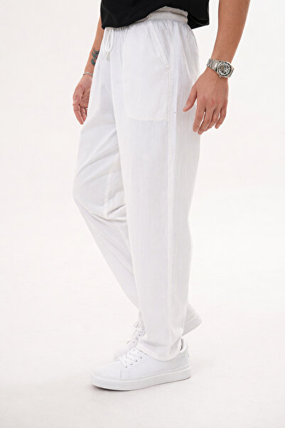 BigBrossBoutique White Men's Cotton Linen Mixed Comfortable Fit Trousers