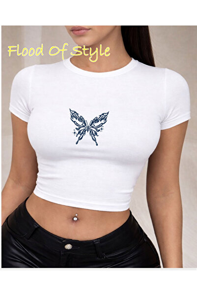 Flood Of Style Λευκό Babby Tee με πεταλούδα και κίτρινο χρώμα Ειδικό σχέδιο