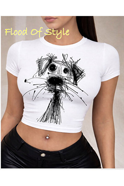 Flood Of Style Λευκό μπλουζάκι Babby Tee με σχέδιο σκύλου Προσαρμοσμένο σχέδιο