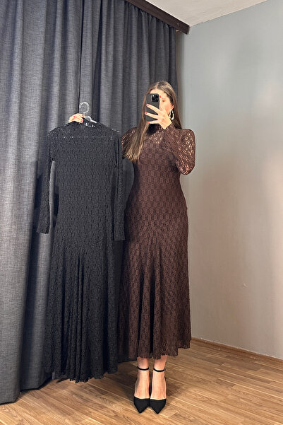 Sorridi ياقة مرتفعة متوسطة الطول فستان دانتيل مبطن