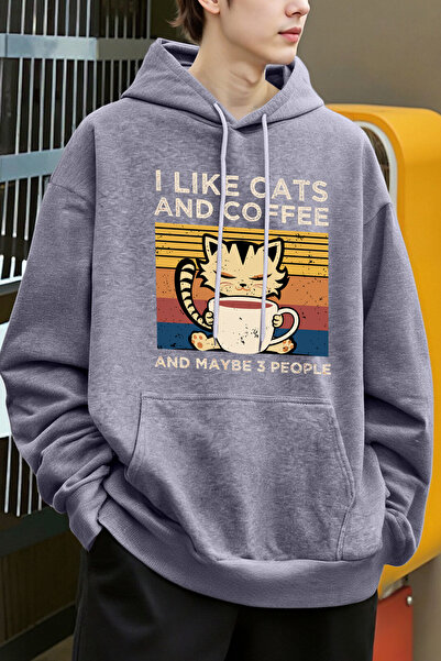 Tarzsokak Cute Cat Drinking Coffee Pattern Men Y2K Hoody Hip Hop P Fleece Fas...