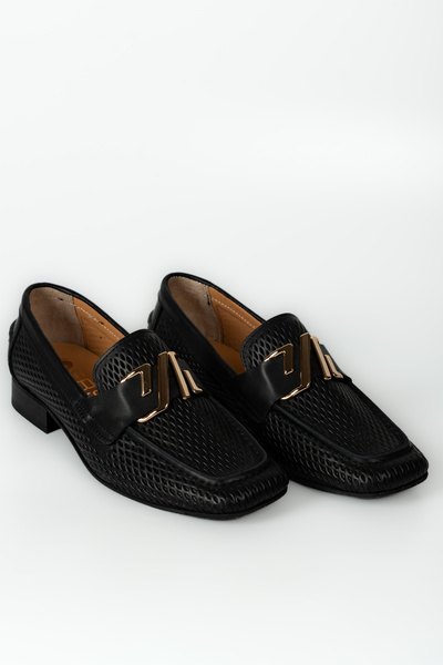 ERS Air Comfort Siyah Hakiki Deri Kadın Loafer Ayakkabı Toka Detaylı