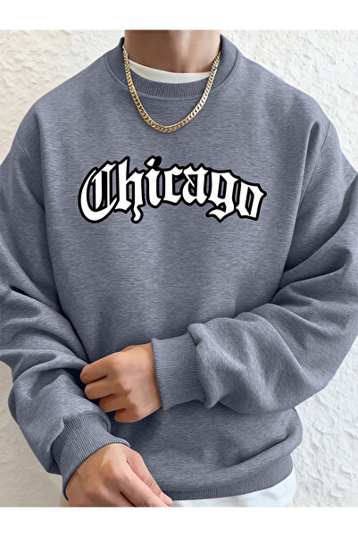 Tarzsokak سويت شيرت شيكاغو ليتر مطبوع للرجال برقبة دائرية للشتاء بغطاء رأس ست...