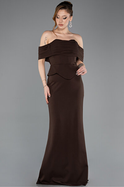 Abiyefon Kahve Straplez Peplum Kesim Uzun Abiye Elbise ABU5559