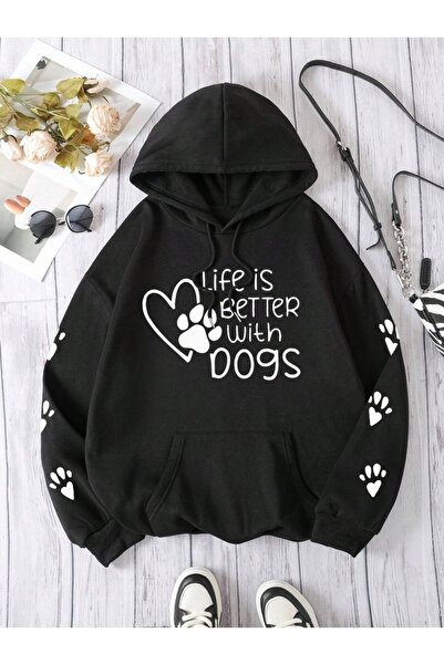 NOISSEY Άνετα γυναικεία φούτερ με κουκούλα Life Dogs με τύπωμα Casual φούτερ ...