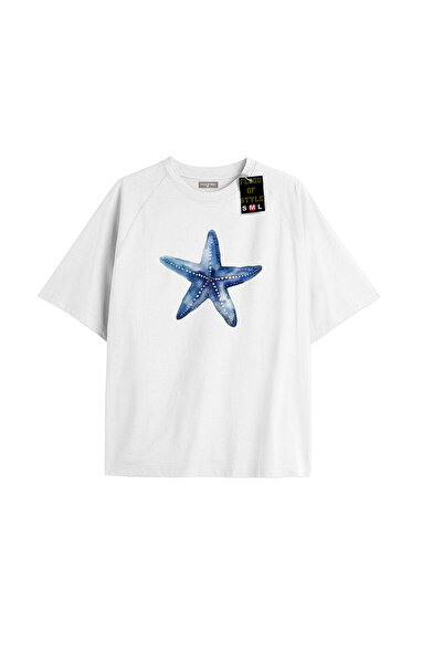 Flood Of Style Λευκό μπλουζάκι oversized με μπλε σχέδιο Προσαρμοσμένο σχέδιο