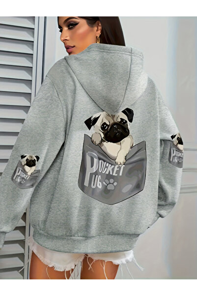 Tarzsokak قميص Cep Pug بغطاء رأس للسيدات برسومات كرتونية على شكل كلب مطبوع مق...