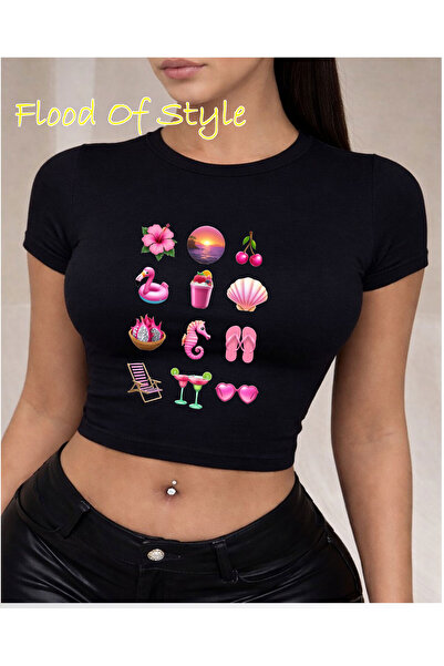 Flood Of Style Μαύρο μπλουζάκι Babby με ροζ emoji, Προσαρμοσμένο σχέδιο