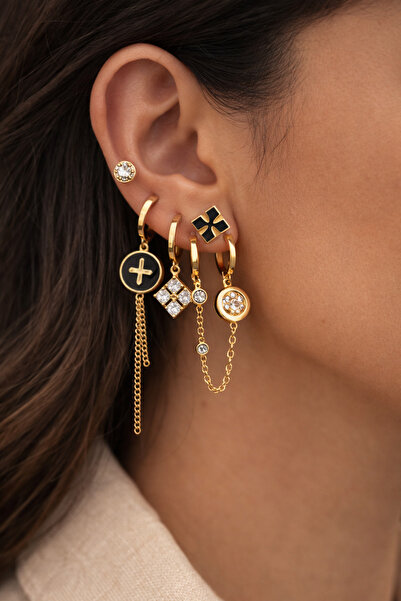 OEM Σετ σκουλαρίκια Duoduomina, 6 τεμάχια, χρυσό φινίρισμα, mix&match με μαύρ...