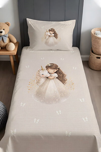 EVPANYA Unicornlu Prenses Desenli Yatak Örtüsü ve Yastık Kılıfı