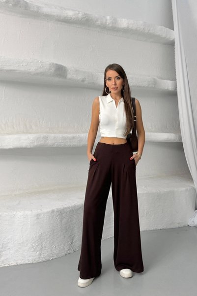 Lusin Women's Bitter Brown High-Waisted Wide-Leg Pants with Elastic Waist That Offers Freedom of Movement