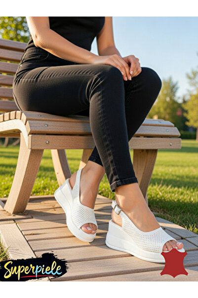 ANGEL BLUE Sandale dama piele naturala perforate albe cu talpa tip platforma