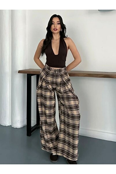 Ekim Store Cu buton ecosez pantaloni palazzo