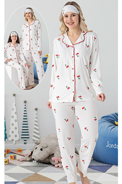 ANGEL VALESKA Kiraz Patterned Long Sleeve Buttoned Mother-Daughter Pajama Set