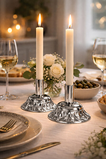 EvLight Marvella Gümüş Parlak Gövdeli Şamdan Seti Mumluk