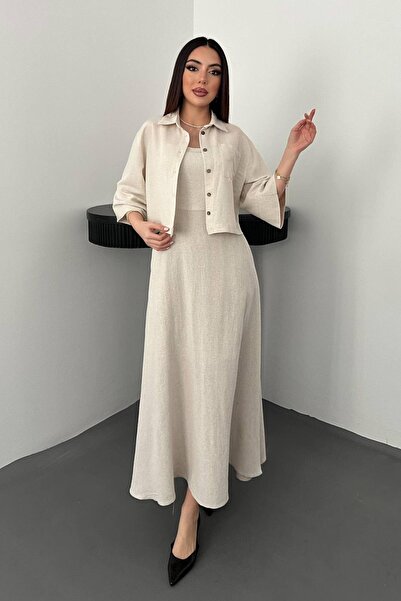 LOKADI Жіночий бежевий комплект з льону: сукня-максі на бретельках і коротка ...