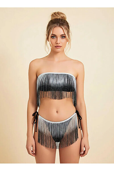 Bleu Petite Black Tassel Detailed Women's Bra and Panty Set