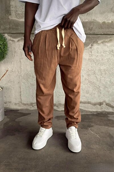 MADZEYMODA Ανδρικό παντελόνι με ελαστική μέση Boyfriend Fit Με πιέτες Brown Λ...