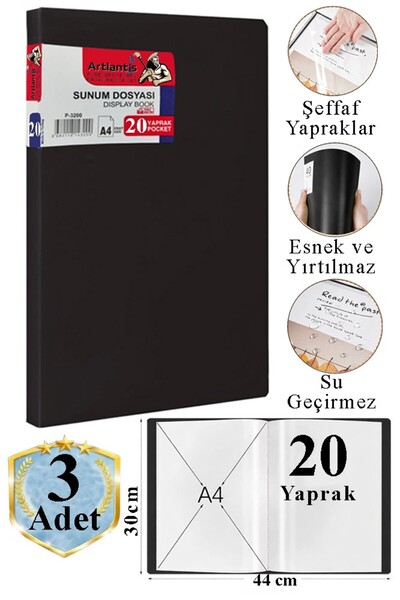Artlantis Dosar negru pentru prezentări, 20 de pungi, 3 bucăți, catalog cu pu...