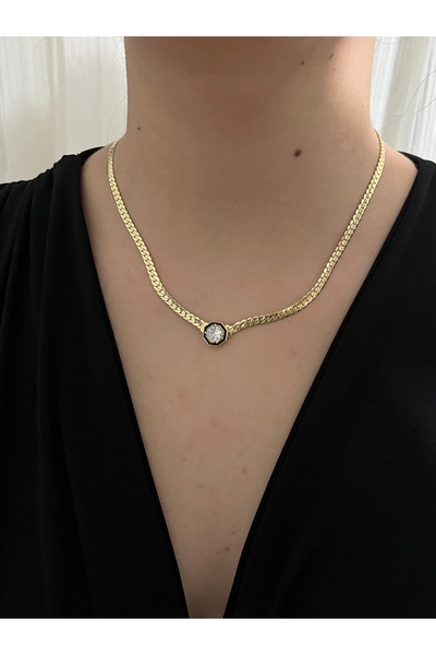 BusradanDesign Kadın Gold Siyah Mineli Geometrik Tektaş Detaylı Balık Sırtı Z...