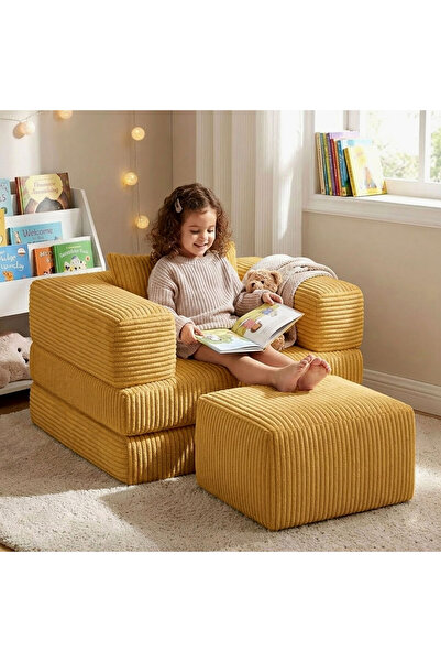 foamly Premium Hardal Fitilli Kadife Modüler Çocuk Koltuğu ve Puf Seti - Bebe...