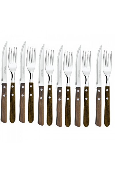 Simonaggio Set of 6 forks with 6 steak knives CUCINA MIA wooden handle