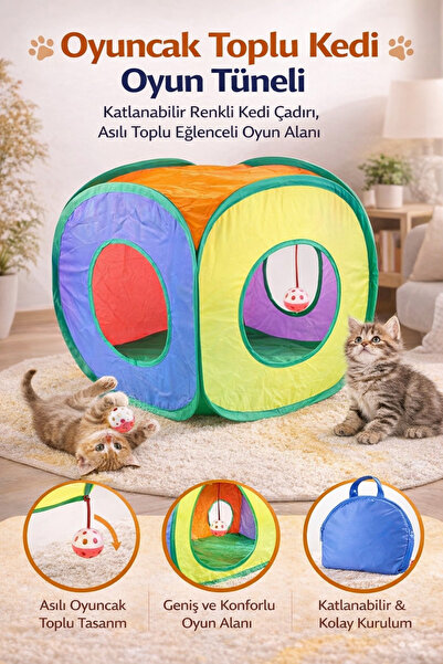 Hane Dostu Oyuncak Toplu Kedi Oyun Tüneli – Katlanabilir Renkli Kedi Çadırı, ...