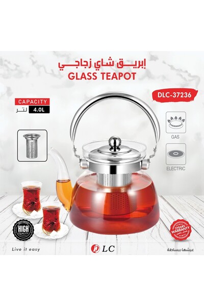 DLC 4-liter glass teapot with removable strainer, large teapot safe for stove...