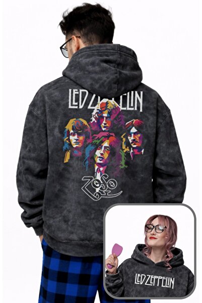 Fuddy Moda سويت شيرت ليد زيبلين زوسو كبير الحجم للجنسين مطبوع بغطاء رأس قابل ...