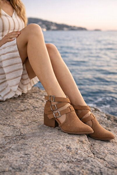 Defne Trend Store Nora Tokalı Kalın Topuklu Günlük Süet Kadın Ayakkabı Delikl...