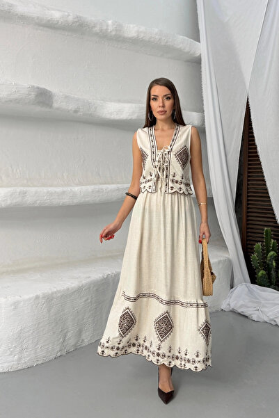 Lusin Women's Beige Linen Bohemian Embroidered Vest Set Straps Midi Length Dr...