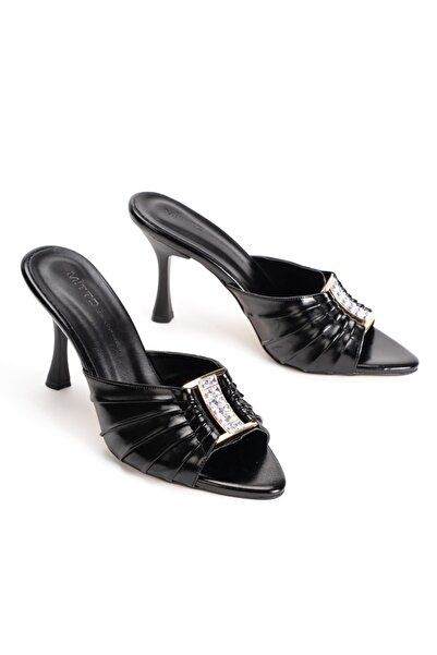 Floransa Siyah Taş Tokalı Topuklu Abiye Terlik