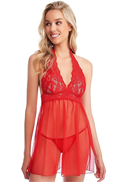 Bleu Petite Red Halter Neck Tie-Detail Women's Mini Nightgown Panties Set