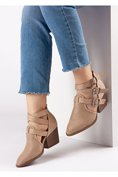 Defne Trend Store Nora Buckled Block Heel Lu Daily Suede Women's Shoes Perfor...