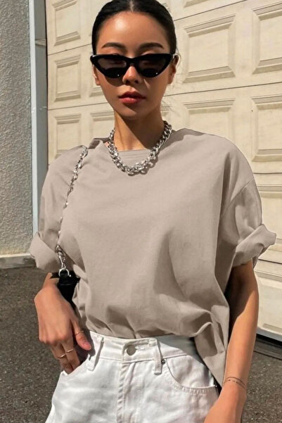 İlayda Toprak Βασικό μπεζ υπερμεγέθη unisex μπλουζάκι με φαρδιά γραμμή και κο...