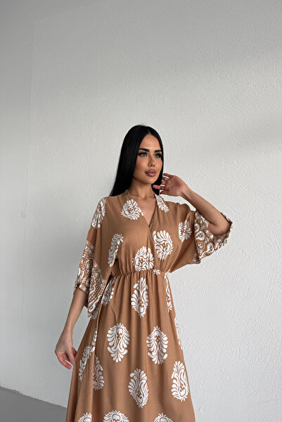 KAMACI BUTİK Double-Breasted Yaka Etni̇k D Patterned Viscose Summer Dress wit...