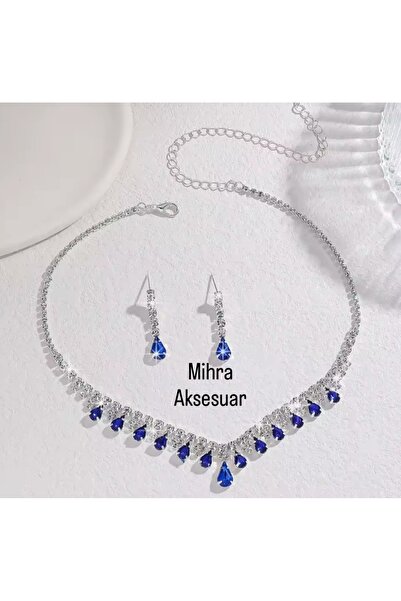 Mihra Aksesuar Kristal Mavi Damla Taşlı Özel Yapım Kolye Küpe Seti