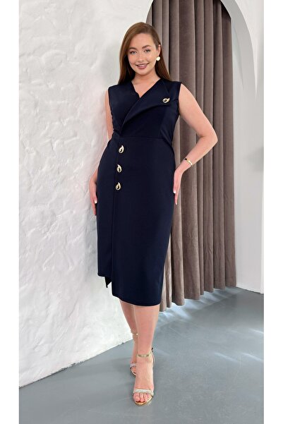 Butik Nilyam Kadın Büyük Beden Sıfır Kol Yaka ve Bel Damla Broşlu Esnek Krep ...