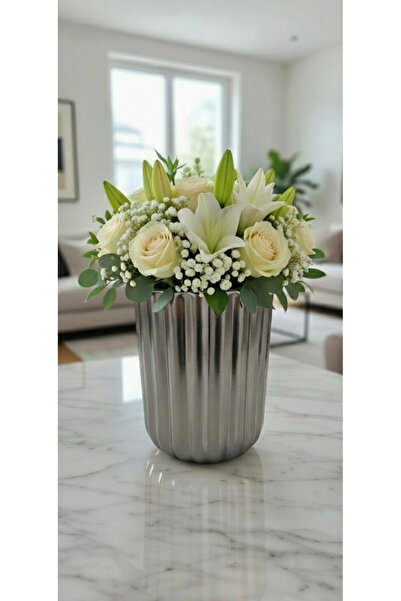 Velorahomee Lüks Zarif Gri Çizgili Seramik Vazo - 17 cm Dekoratif Çiçek Vazos...