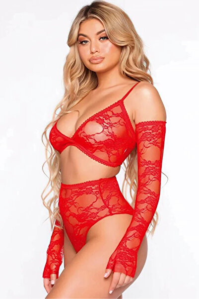 Bleu Petite Red Floral Pattern Women's Bra Panty Set with Sleeves