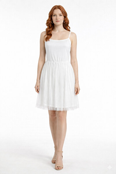 Neden Tekstil White Square Neck Ruched Dress
