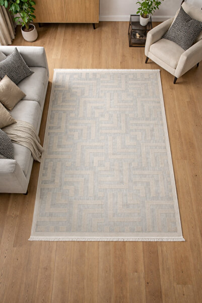 Modern Geometrik Desenli Açık Gri Bej Düz Saçaklı Kaymaz Taban Yıkanabilir Salon Oturma Odası Halısı